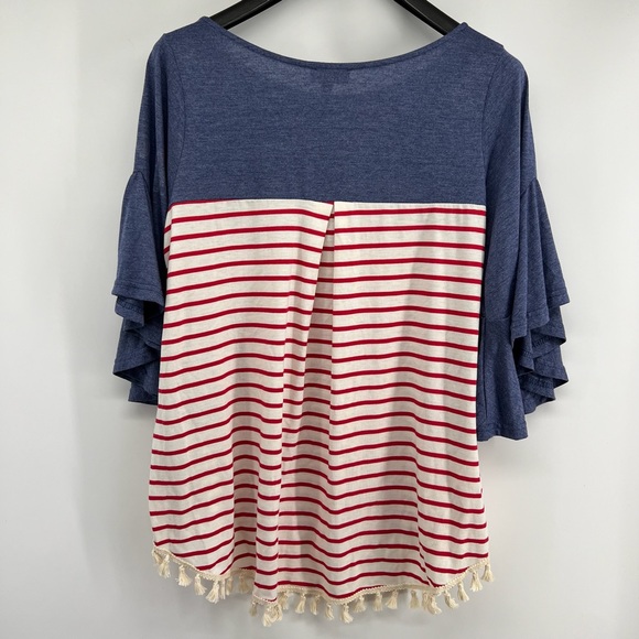 Umgee Sz Large Red White Blue Striped Shirt Pom Pom Tassel - Picture 3 of 8